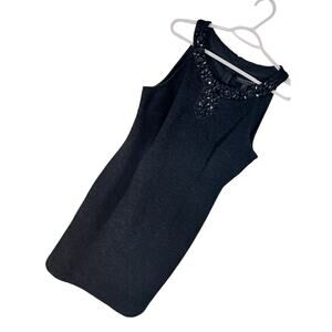 CONNECTED APPAREL! LUXE BLACK STRETCH TEXTURED, JEWELED COLLAR DRESS! SZ 12